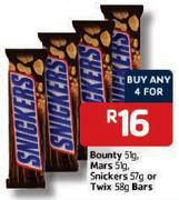 Bounty 51gm, Mars 51gm, Snickers 57gm or Twix 58gm Bars-4's