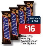 Bounty 51gm, Mars 51gm, Snickers 57gm or Twix 58gm Bars