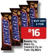 Bounty-51gm, Mars-51gm, Snickers-57gm or Twix-58gm Bars-Any 4's