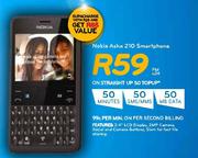 Nokia Asha 210 Smartphone-On Straight Up 50 Top Up