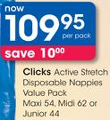 Clicks Active Stretch Disposable Nappies Value Pack Maxi 54, Midi 62 Or Junior 44-Per Pack