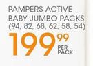 Pampers Active Baby Jumbo Packs-94's, 82's, 68's, 62's, 58's, 54's Per Pack