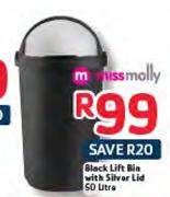Miss Molly Black Lift Bin With Silver Lid-50Ltr