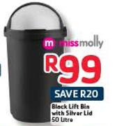 Miss Molly Black Lift Bin With Silver Lid-50Ltr