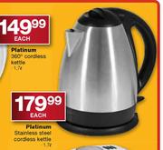 Platinum Stainless Steel Cordless Kettle-1.7L