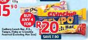Cadbury Lunch Bar, P.S., Tempo, Flake or Crunchie(Excluding Man Size)-4's
