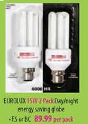  Eurolux 15W 2 Pack Day/Night Energy Saving Globe(ES or BC)-Per Pack
