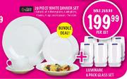 White Dinner Set-20 piece Plus Luminarc Glass Set-6 Pack