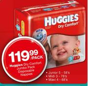 Huggies Dry Comfort Jumbo Pack Disposable Nappies Junior 5-58's/Midi 3-78's/Maxi 4-68's Per Pack