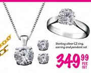 Sterling Silver CZ Ring,Earring and Pendant Set-Per Set