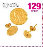 9ct Gold And Silver Peso Or Stud Earrings-Per Pair