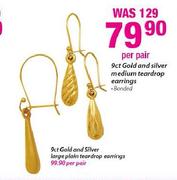 9ct Gold And Silver Medium Teardrop Earrings-Per Pair