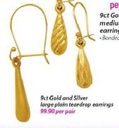 9ct Gold and Silver Large Plain Teardrop Earrings-Per Pair