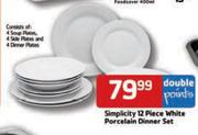 Simplicity 12 Piece White Porcelain Dinner Set