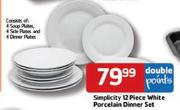 Simplicity 12 Piece White Porcelain Dinner Set-Per Set
