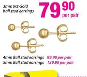 3mm 9ct Gold Ball Stud Earrings-Per Pair