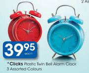 Clicks Plastic Twin Bell Alarm Clock 3 Assorted Colours-Each