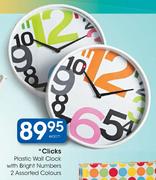 Clicks Plastic Wall Clock With Bright Numbers 2 Assorted Colours-Each