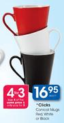 Clicks Conical Mugs Red, White Or Black-Each