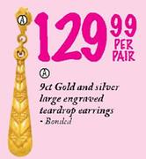 9ct Gold And Silver Large Engraved Teardrop Earrings Banded