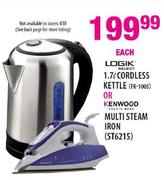 Logik Cordless Kettle-1.7L Or Kenwood Multi Steam Iron (ST6215)-Each