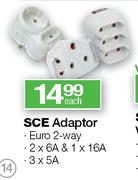 SCE Adaptor Euro 2-Way, 2 X 6A & 1 X 16A, 3 X 5A-Each