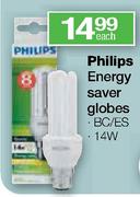Philips 14W Energy Saver Globes-BC/ES Each