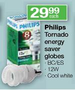 Philips 12W Tornado Energy Saver Globes Cool White-BC/ES  Each