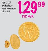 9ct Gold and Silver Peso earrings.Bonded-Per Pair