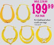 9ct Gold and Silver Creole earrings.Bonded-Per Pair