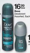 Dove Deodorant Assorted, Each-150ml
