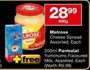 Melrose Cheese Spread Assorted-400g Each + Free 200ml Parmalat Yumchums Flavoured Milk,Assorted,Each