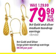 9ct Gold And Silver Large Plain Teardrop Earring Banded-Per Pair