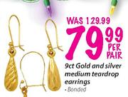 9ct Gold And Silver Medium Teardrop Earring Banded-Per Pair