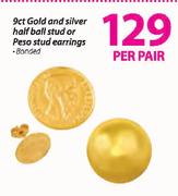 9Ct Gold And Silver Half Ball Stud Or Pesa Stud Earrings-Per Pair