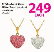 9Ct Gold And Silver Glitter Heart Pendant On Chain-Each