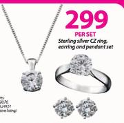 Sterling Silver CZ Ring, Earring And Pendant Set-Per Set