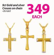 9Ct Gold And Silver Crosses On Chain-Each