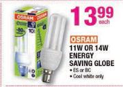Osram 11W Or 14W Energy Saving Globe-Each