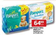 Pampers Baby Wipes 3+1 Sensitive-224's Or Fresh -256's Each
