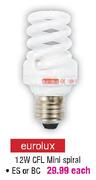 Eurolux 12W CFL Mini Spiral ES Or BC-Each