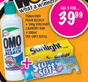 OMO Foam Bleach-750ml + Sunlight Laundry Bar-500g + STA-Soft Refill-500ml