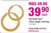9ct Gold And Silver Single Earring Each