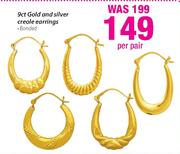 9ct Gold And Silver Creole Earrings-Per Pair