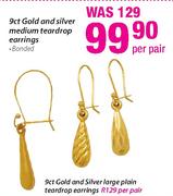 9ct Gold And Silver Medium Teardrop Earrings-Per Pair