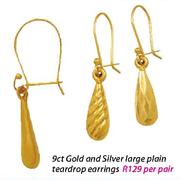 9ct Gold And Silver Large Plain Teardrop Earrings-Per Pair