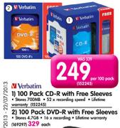 Verbatim DVD-R With Free Sleeves-Per 100 Pack