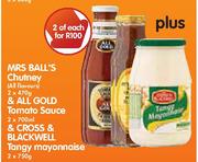 Mrs Ball's Chutney-2x470g & All Gold Tomato Sauce-2x700ml & Crosse & Blackwell Tangy Mayonnaise-2x75