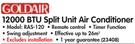 Goldair 12000 BTU Split Unit Air Conditioner RAS-120