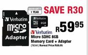 Verbatim Micro SDHC 8GB Memory Card + Adaptor